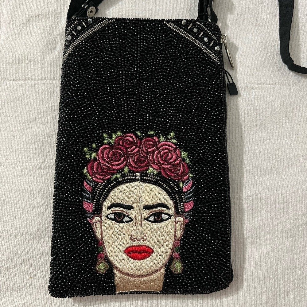 Frida Kahlo Purse Shoulder Crossbody Hand Beaded Bamboo Trading Club Bag 8"x5" - Picture 2 of 9
